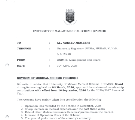 Revision of UNIMED Medical Scheme Premiums